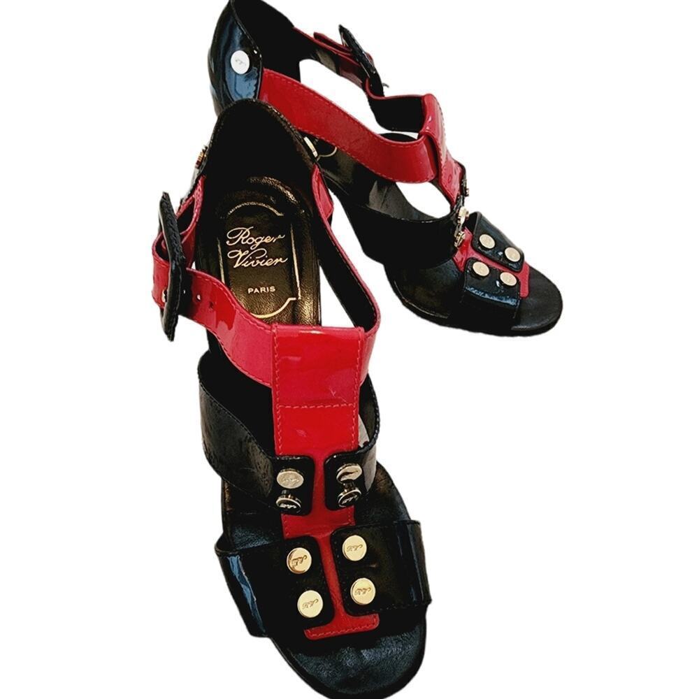 ROGER VIVIER PARIS PATENT LEATHER RED.BLACK STRAPPY HEEL SIZE 38 (8)